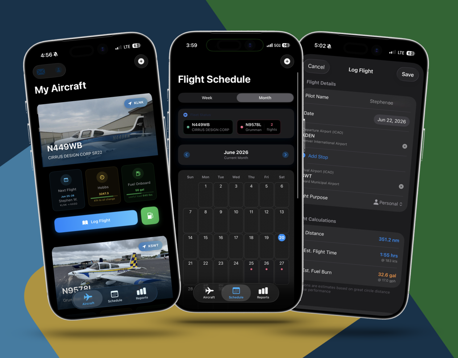 Pilot ShareCraft on iPhone — My Aircraft dashboard, Flight Schedule calendar, and the Log Flight screen
