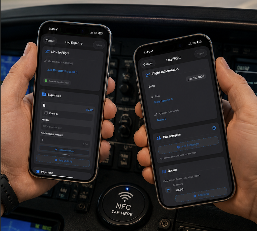 Two pilots in the cockpit logging a flight and an expense in Pilot ShareCraft, with an NFC tap tag on the panel